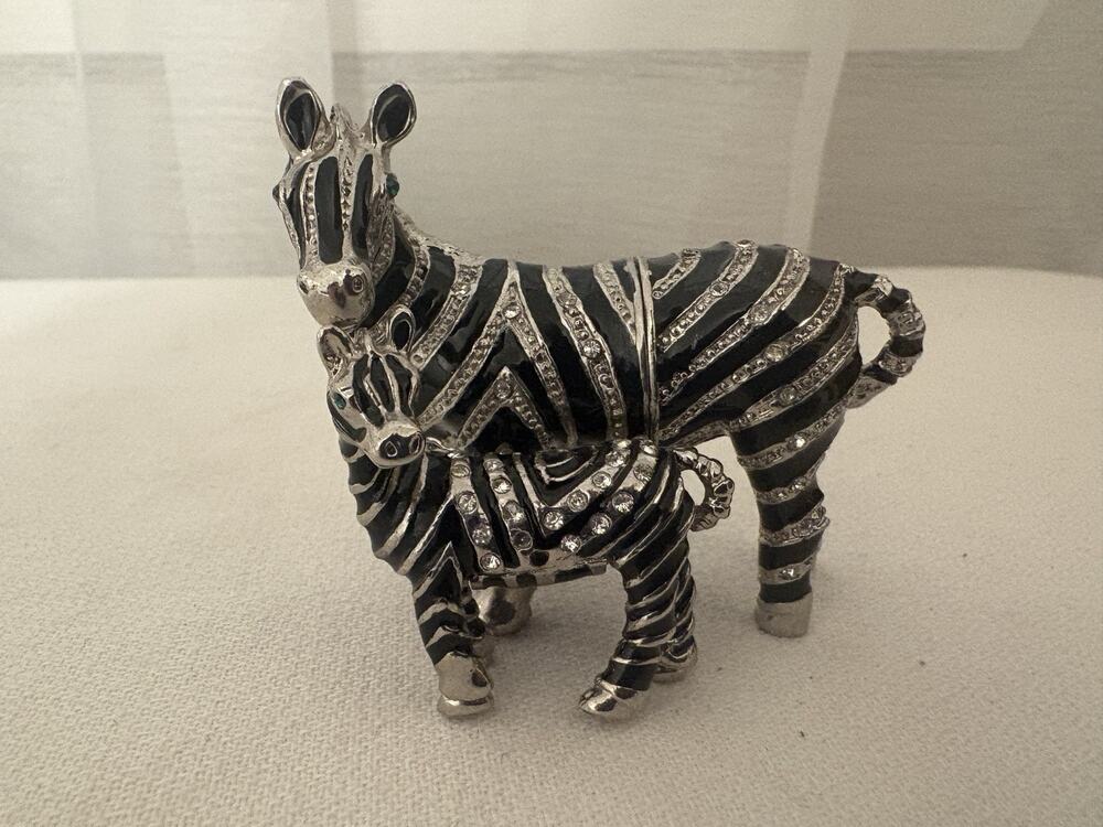 Enameled Jeweled Zebra & Baby Trinket Box Black White Magnetic Small Metal